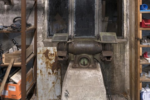 Old grinding machine in a former LPG workshop in the GDR, Mecklenburg-Vorpommern, Germany, Europe