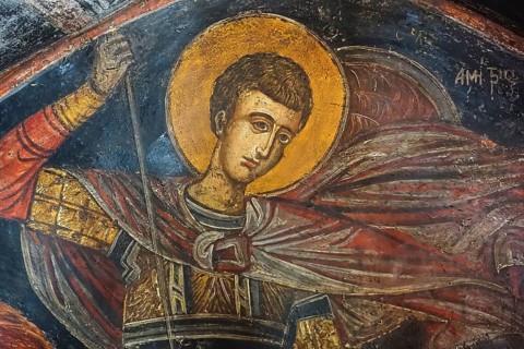 Detailed fresco depicting a saint with a halo, Asklipio village, Asklipion, Kimisis tis Theotokou