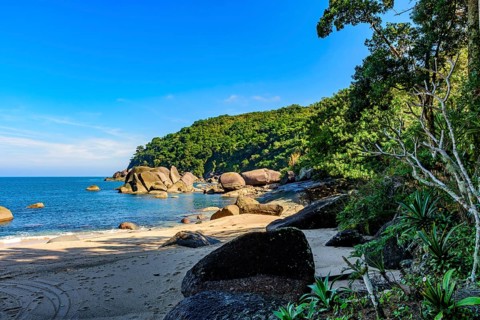 Forest, hill, rocks and sea of Indaiauba beach in Ilhabela island coast os Sao Paulo, Indaiauba