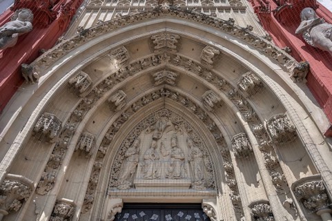 Detail of the entrance portal of the Gothic St Mary's Chapel, Marktplatz 9, Würzburg, Lower