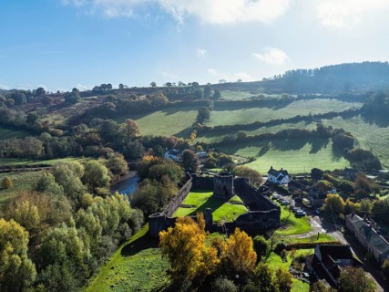 Skenfrith Castle from a drone, Monmouthshire, Wales, England, United Kingdom, Europe