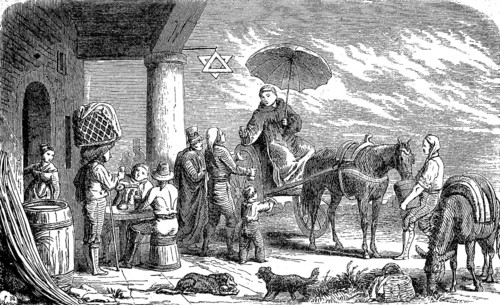 Coach station on the way from Pavia to Milan, Italy, 1860, The hexagonal star indicates freshly