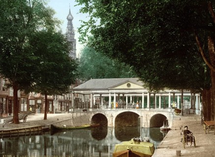 Korenbrug bridge and grain exchange of Leyden, Leiden, Holland, ca 1895, Historical, digitally