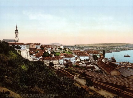 Pier and Cathedral, Belgrade, Serbia, c. 1895, Historic, digitally restored reproduction from a
