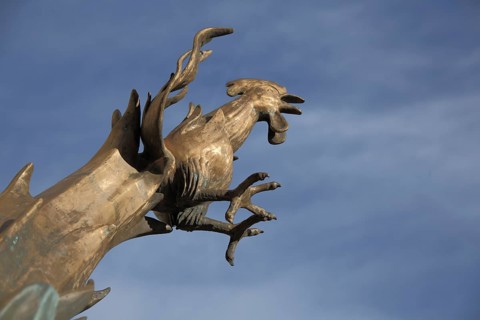 Sculpture Fire Brigade Fountain by Bonifatius Stirnberg 2010, cock figure and flames, detail, view