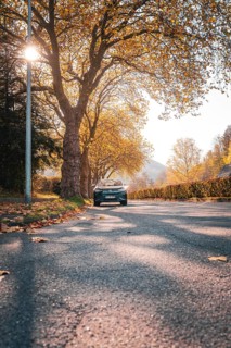 Road in autumn with trees, sunlight and leaves, electric car VW ID5, Deer Carsharing, Gechingen,
