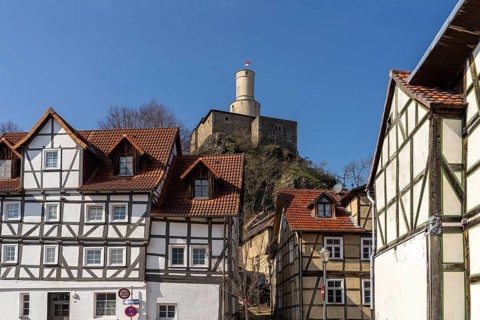 Half-timbered houses and the Felsburg castle in Felsberg, Schwalm-Eder district, Hesse, Germany,