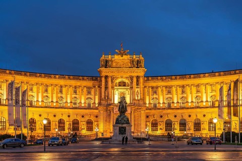The Neue Burg, part of the Vienna Hofburg Imperial Palace at dusk, Vienna, Austria, Europe