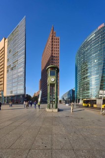 Replica and monument of the first traffic lights and skyscrapers Forum Tower, Kollhoff Tower and