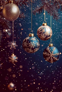 New Year's card, Christmas balls, golden snowflakes, on a blue background, vertical, no people, AI