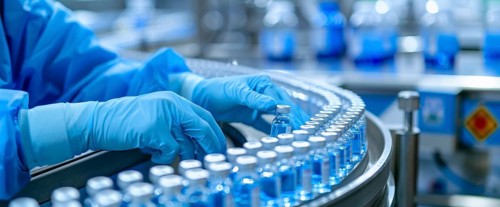 Vials of new medication on a conveyor belt. Mass pharma industrial production., AI generated