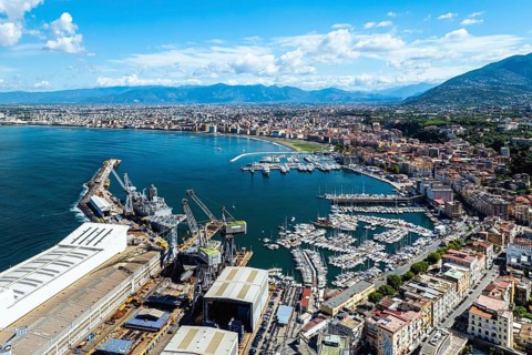 View of Castellammare di Stabia and Mount Vesuvius from a drone, Naples, Italy, Europe