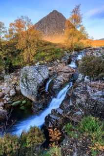 Wild river, waterfall, autumn colours, morning light, mountain landscape, cloudy mood, Buachaille