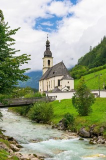 Parish church of St. Sebastian with Ramsauer Ache, rainy weather, fog, bridge, Ramsau,