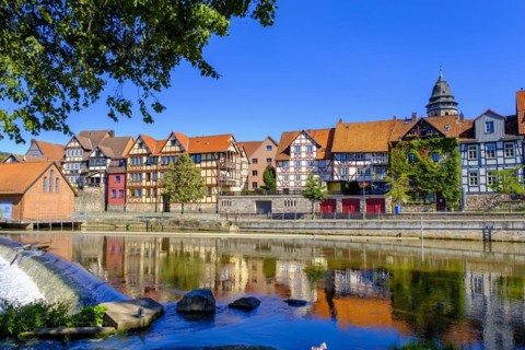 Half-timbered houses on the River Fulda, German Half-Timbered Houses Route, Hannoversch Münden,