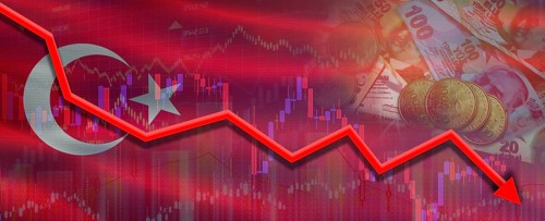 Turkey financial crisis on economic graph. Financial fall of Turkey on economy market