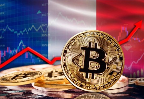 Bitcoin with France flag in the background. Bitcoin rising with France flag in the background