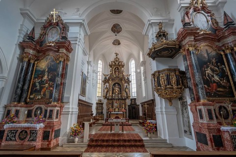 Chancel with high altar from 1630, Catholic parish church of St Emmeram, Wemding, Swabia, Bavaria,