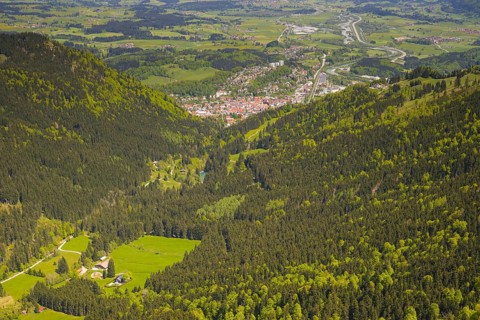 Panorama from Mittagberg, 1451m, into the Steigbachtal, behind Immenstadt and the Illertal, Allgäu,