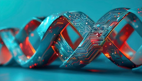 Looping animation of interlocking geometric shapes that morph into circuits, symbolizing AI logic
