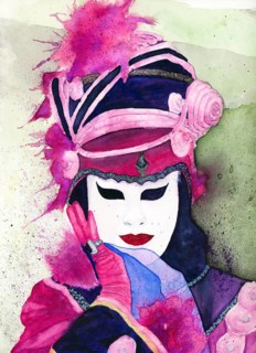 Watercolour painting of a pompously dressed woman at carnival, head and part of the upper body with
