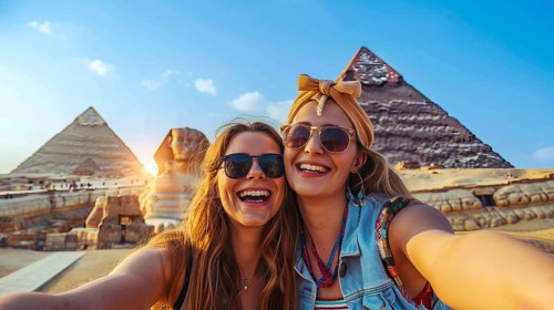 Attractive young smiling happy tourist ladies take selfie in Egypt Cairo on vacation. Giza