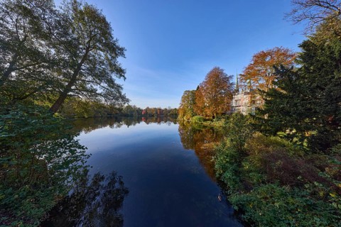Mill pond with trees against blue sky, reflections on the water surface, Hanseatic city of Lübeck,
