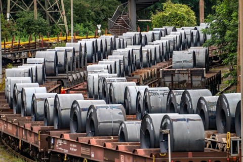 Strip steel coils, on freight wagons, at the ThyssenKrupp Steel plant Schwelgern in
