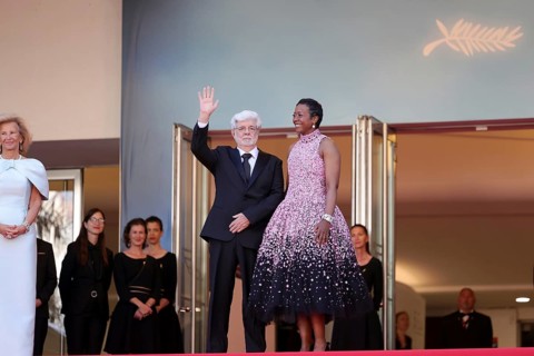 Cannes, France, 25.5.2024: George Lucas and Mellody Hobson at the closing ceremony on the red