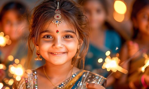 Cute Indian children celebrating with fun sparklers. generative AI, AI generated