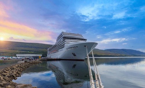 Iceland, cruise ship docked in Akureyri port for visit of Godafoss Waterfall and Eyjafjordur Fjord,