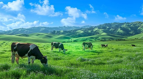 Cows and livestock grazing on a green pasture field. Clean healthy meat and food in agriculture, AI