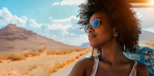 Young black woman travelling in a car on cross American travel trip, AI generated