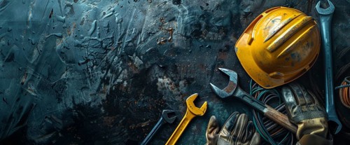 House improvement, construction and renovation concept. Repair tools and helmet in flat lay, AI