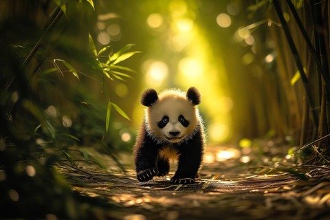 Cute panda cub in a lush bamboo grove, The image showcases the beauty and serenity of nature and