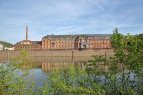 Villeroy & Boch ceramics museum on the Saar, Saar bank, chimney, reflection, museum, Mettlach,