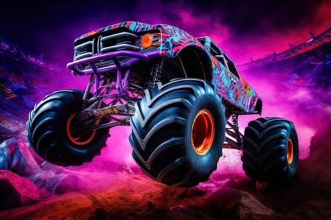 Monster truck with neon lighting, jumping off-road in cloud of dust. Excitement and thrill of an