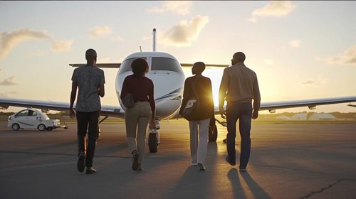Successful young african american family walking with luggage to their private executive luxury