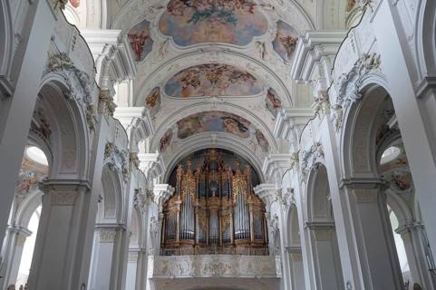 Gallery with baroque organ from 1727, Basilica of St Mauritius, Niederaltaich, Lower Bavaria,