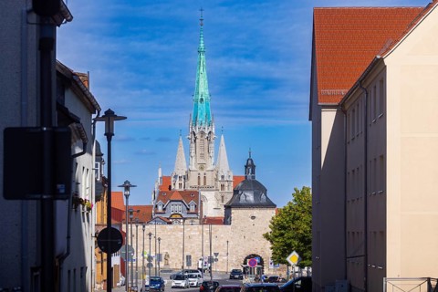 Historic fortifications, with inner woman's gate and St Mary's Church