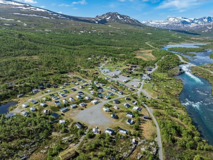 Aerial view of Besseggen Fjellpark Maurvangen Campsite, river Sjoa, Jotunheimen, Norway, Europe