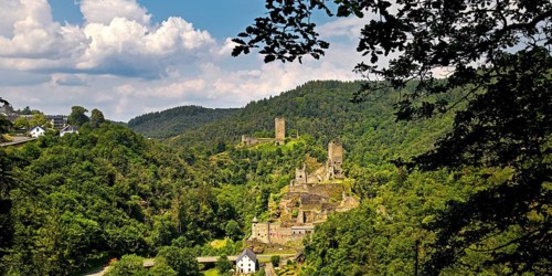 Panoramic view of the two castles, Oberburg and Niederburg of Manderscheid, Southern Eifel, Eifel,