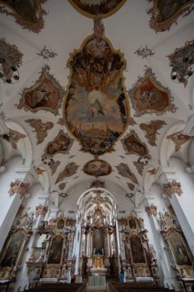 Ceiling fresco and chancel in Heilig Kreuz Minster built around 1400, Rottweil, Baden-Württemberg,