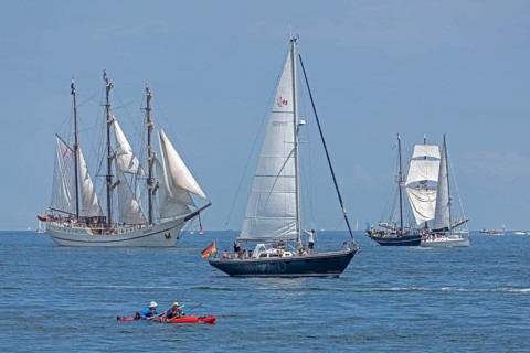 Sailing ships, sailing boats, kayak, Kiel Week, Kiel Fjord, Kiel, Schleswig-Holstein, Germany,