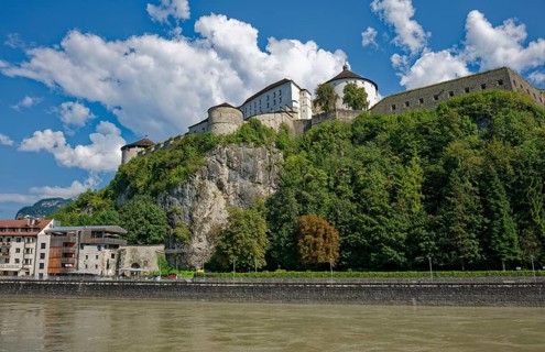 View of the medieval Kufstein Fortress on the River Inn, Kufstein, Tyrol, Austria, Europe