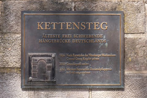 Information board in front of the historic Kettensteg, Nuremberg, Middle Franconia, Bavaria,
