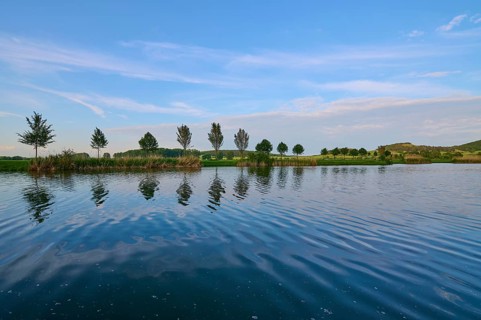 Lake in spring with row of trees and reflection, Drei Gleichen, Ilm-Kreis, Thuringia, Germany,