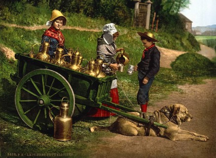 Milk seller with a cart pulled by dogs, bar, Brussels, Belgium, ca 1895, Historic, digitally