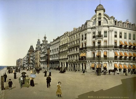 The dyke, beach promenade and Kursaal in Ostend, Belgium, ca 1895, Historical, digitally restored