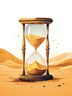 Minimalist hourglass illustration with abstract golden sand falling slowly, representing the